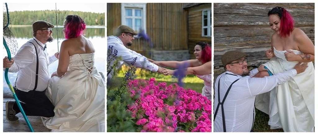 Kuopiolainen hääpari humoristisissa hääpotreteissa Riuttalan Talonpoikaismuseossa, joissa saa tuoda esiin myös vihkiparin harrastuksia ja mieltymyksiä.