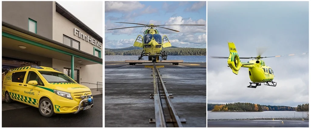 FinnHEMSin lääkäriambulanssi ja helikopteri vastaavat ensihoidosta hyvinvointialueilla 8 tukikohdan alueella.