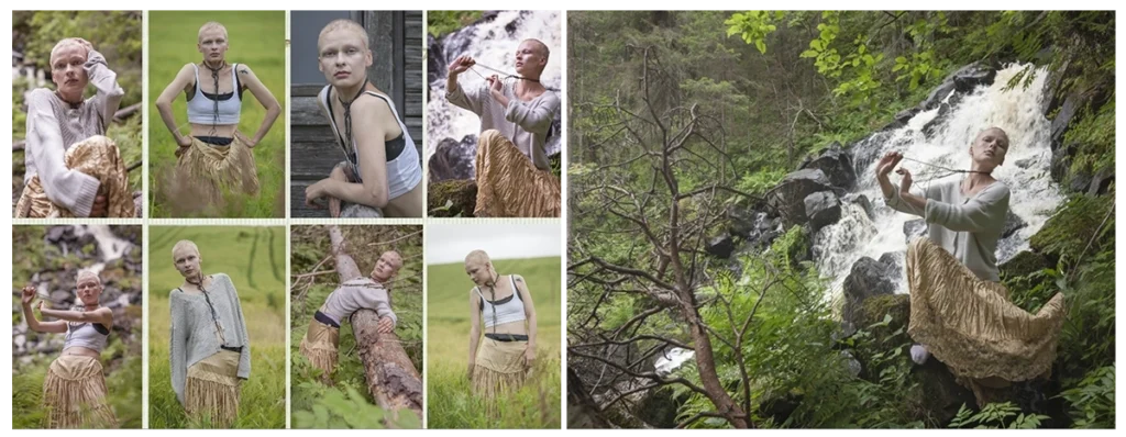 Kuopiolainen malli muotokuvassa Maaningan Korkeakoskella kansallismaiseman edessä.